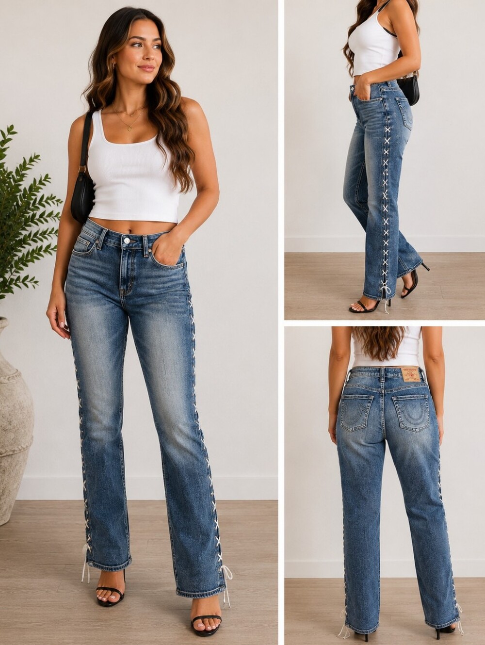 True Religion Billie Jeans Womens 32x32 Lace Up Side Blue Denim Stretch Y2K